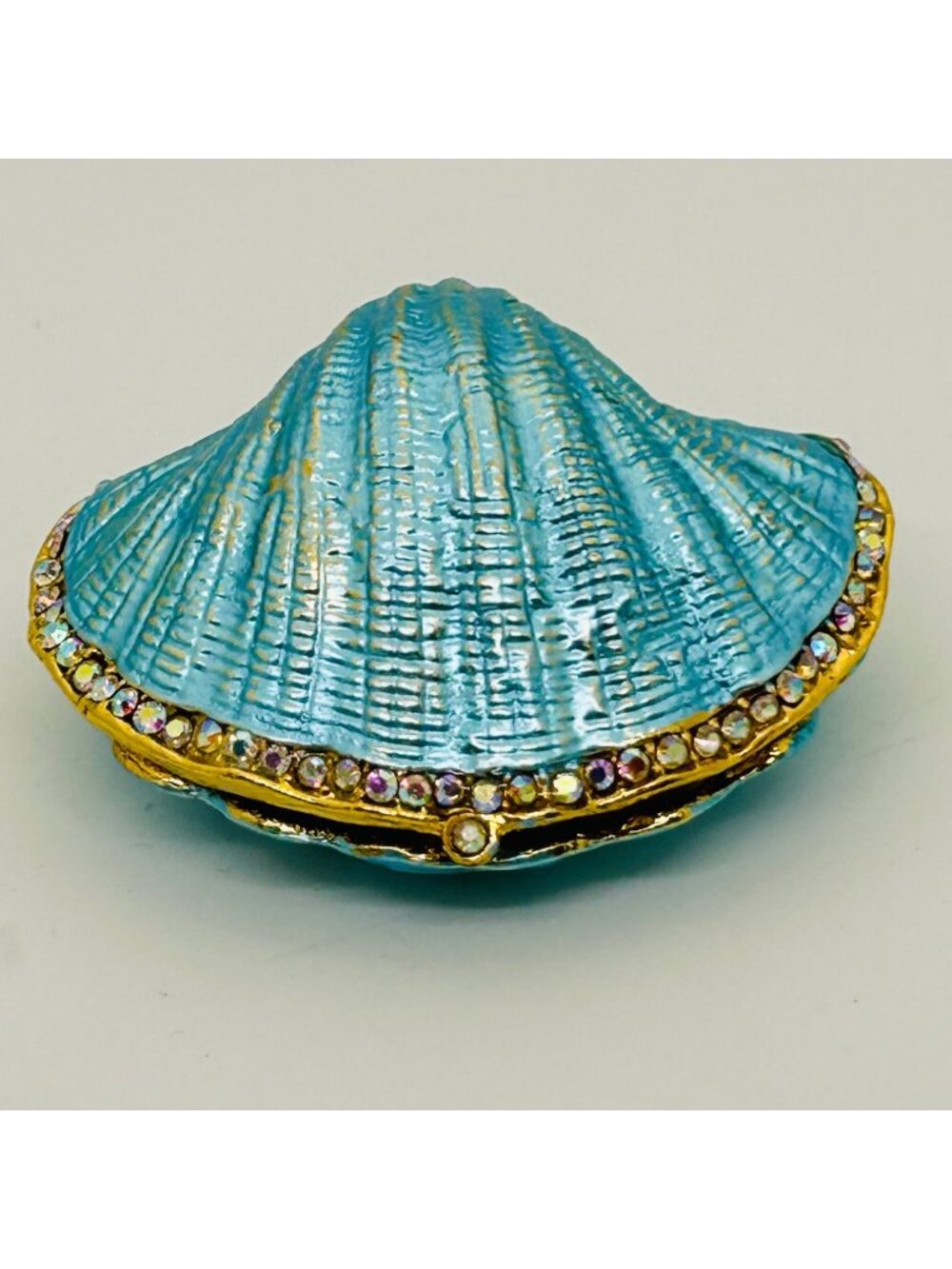 Turquoise Enamel Clamshell Trinket Box With Rhinestones Pearl-Inlaid Interior